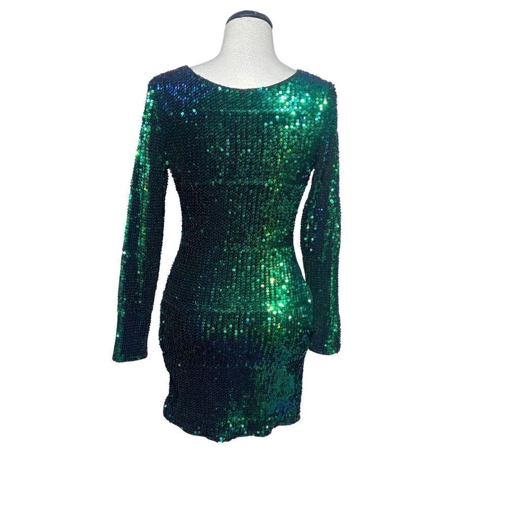 Long Sleeve Emerald Sequin Mini Dress Party Bodycon Dress Small - Picture 4 of 4